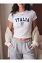 Women's White Slim Crop T-Shirt - Italia Roma Printed 100% Cotton Crew Neck Slim Fit Crop T-Shirt