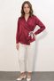 Women's Belted Double-Breasted Satin Burgundy Shirt - 3