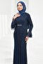 Navy Blue Lace Evening Dress with Flounces and Stones on the Sleeves - 3