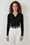 Women's Wrap Collar Black Blouse
