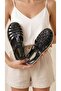 Women's Shiny Black Straw Striped Jelly Sandals 2cm Byndhasjlly01