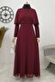 Long Cape Detailed Chiffon Evening Dress - Burgundy - 2