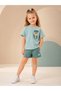 Girl's Teddy Bear Printed Shorts Set 100% Cotton Summer Set Mint Green Short Sleeve T-Shirt Shorts Two-Piece Set