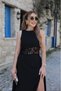 Women's Open Shoulders, Open Waist, Lace Trim, Slit, Long Janjan Crepe Dress - 4