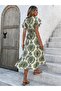 Women's short sleeve double breasted lapel waist lace up patterned supreme midi dress - 2