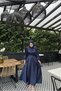 Lia Navy Blue Gathered Front Chanel Satin Fabric Luxurious Hijab Evening Dress - 2