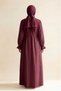 Burgundy Women's 100% Cotton Muslin Fabric Waist-Tied Drawstring Buttoned High Collar Long Hijab Dress Anti-Sweat Summer Dress - 4