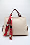 Women's Cream Burgundy Large Size Inner Pocket Double Handle Scarf Detailed Useful Cross Strap Hand and Shoulder Bag - 2