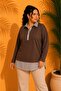Women's Brown Plus Size Collared Hem Striped Woven Shirt Detail Side Oval Cut Flexible Viscose Blouse