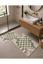 Beige Green Checkered and Wave Patterned Bath Mat with Velvet Dot Base - 6