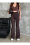 Women's Brown Color Spanish Leg Belt Gathered Detailed High Waist Gathering Stretchy Plain Leggings - 5