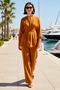 Women's Plus Size Long Sleeve Waist Belt Detailed Woven Blouse Trousers Set Relaxed Fit Casual Stylish