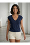 Women's Navy Blue V-Neck Low Sleeve Viscose Elastane Blouse Thsirt - 2