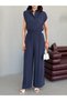 Navy Blue Elastic Waist Shirt Collar Tencel Fabric Long Jumpsuit - 7