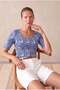 Women's Blue Patterned Jacquard Regular Fit Wide Crew Neck Half Sleeve Crop Blouse Jana - 3