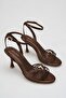 Women's Brown Satin Ankle Strap Heeled Open Toe Buckle Sandals