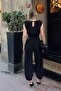 Black Shoulder Draped Padded Waistband Side Deep Slit Elastic Leg Women's Sandy Jumpsuit - 5