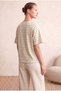 Women's Ecru / Beige Striped 100% Cotton Knitwear Look Oversize Fit Crew Neck Short Sleeve Drop Shoulder T-Shirt Barbara - 3