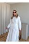 White Long Dress with Elastic Waist and Belt - 7051 - 4