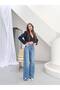 Women's High Waist Wide Leg Knee Ripped Detailed Tassel Hem Blue Jean Trousers - 2