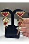 Retro Style Red Stone Detailed, Geometric Cut Gold Earrings