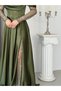 Khaki Boat Neck Underwire Lace Detailed Long Evening Dress - 5