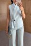 Zero Sleeve Blue Linen Vest with Side Buttons - 5