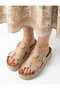 Women's High Sole Stone Detailed Cork Sole Slippers-Beige