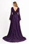 Deep Purple Beaded V‑Neck Long Evening Gown with Flared Sleeves and Layered Ruffle Skirt - 2