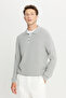 Men's Light Grey-Melange Wool Standard Fit Regular Cut Polo Collar Knitwear Sweater