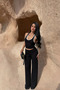 Women's Black Collar Detailed Halter Neck Blouse and Pants Set - 4