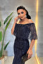 Full Beaded Fabric Boat Neck Pencil Dress - Dark Blue - 3