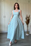 Floral Square Neck Midi Turquoise Dress with Bow Detail on the Back - 3