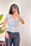 Ruffled V-Neck Baby Blue Blouse with Elastic Waist - 3