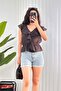 Ruffled V-Neck Brown Blouse with Elastic Waist - 4