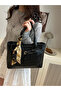Black Croc-Embossed Shoulder Bag with Scarf Accent - 7
