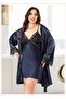 Strappy Lace Detailed Navy Blue Plus Size Satin Nightgown - 2