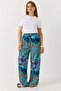 Women's Self-Belted Mixed Pattern Loose Viscose Trousers Blue - 2