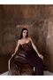Women's Brown Lace Corset Detail Strapless Long Evening Dress - 3
