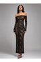 Women's Black Lace Madonna Collar Long Sleeve Detachable Lined Maxi Evening Dress - 3