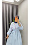 Women's Hijab Blue Lined Floral Printed Dress - 3