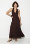 Women's Bitter Brown Sandy Fabric Backless Halter Neck Draped Maxi Dress De251097 60286394 - 3