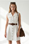 Women's White Belted Pocketed Mini Cotton Dress Elb-19002668 - 4