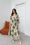 Green Patterned Double-Breasted Collar Long Dress with Slit Detail and Elastic Waist - 3