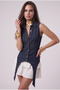 Women's Asymmetrical Cut Denim Vest and White Ruffle Mini Skirt Two-Piece Set - 3