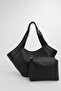 Women's Black Medium Size Makeup Bag with Belt Strap Detail, Hand and Shoulder Bag Lara
