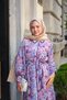 Women's Shirt Collar Leaf and Flower Pattern Inner Lining Waist Tie Button Detail Dress Pink - 19