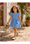 Girl's Blue Bow Patterned Ruffle Sleeve Cotton Summer Casual Dress - 6