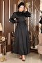 Feather Detailed Satin Evening Dress Black 19123 - 4