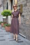 Women's Patterned Voile Lined High Waist Leather Belted Side Pocket Pleated Midi Skirt - Brown Polka Dot - 2